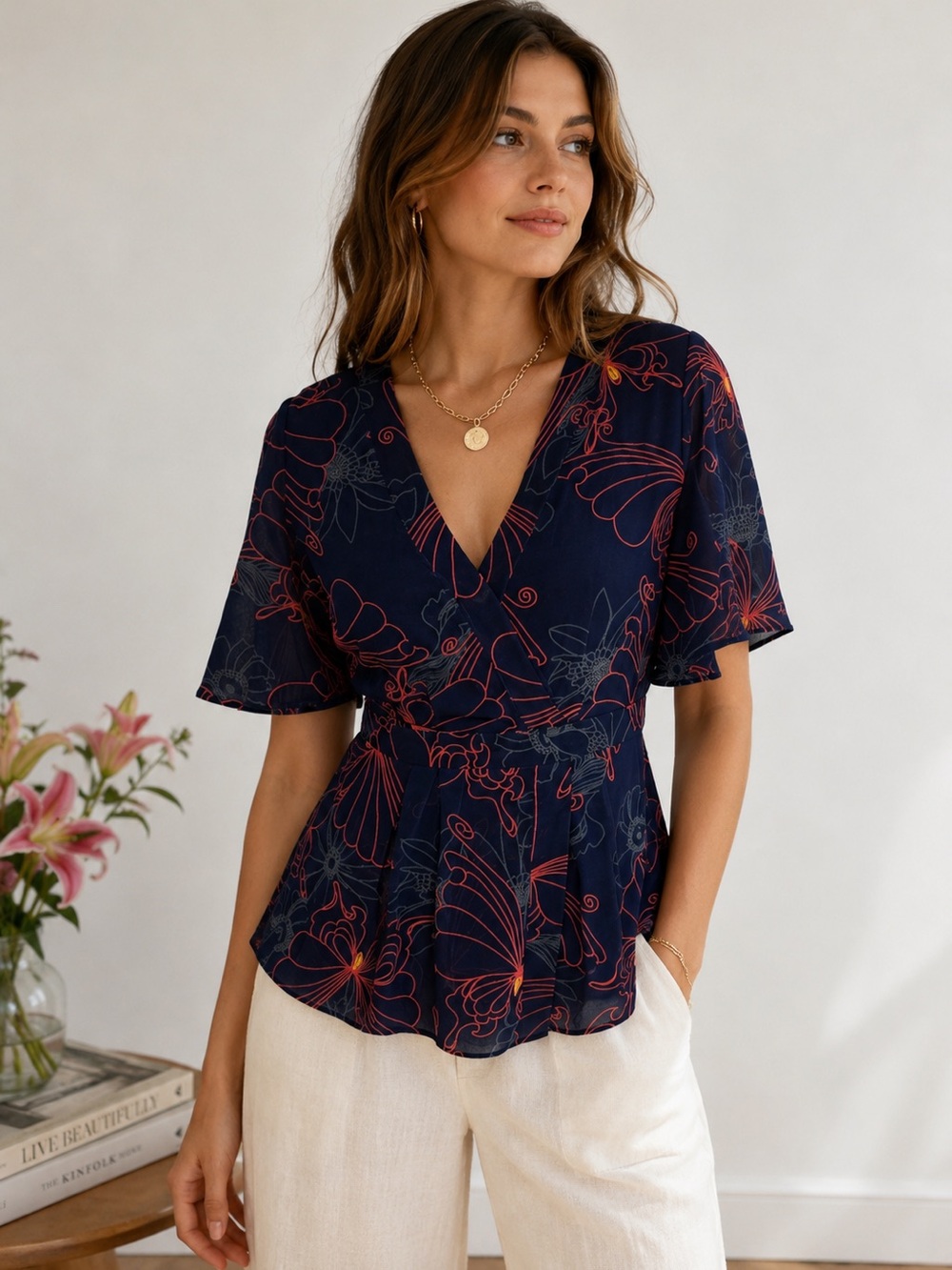 Julie Brown NYC size 6 navy rhapsody butterfly peplum blouse